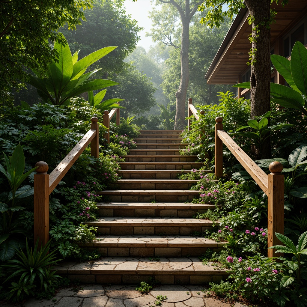 Prompt: Lush tropical staircase, exotic plants, vibrant greenery, wooden handrails, natural stone steps, intricate carvings, warm lighting, misty atmosphere, humid climate, dense foliage, palm trees, ferns, flowering vines, colorful blooms, organic textures, earthy tones, 1/1 composition, shallow depth of field, soft focus, realistic rendering.