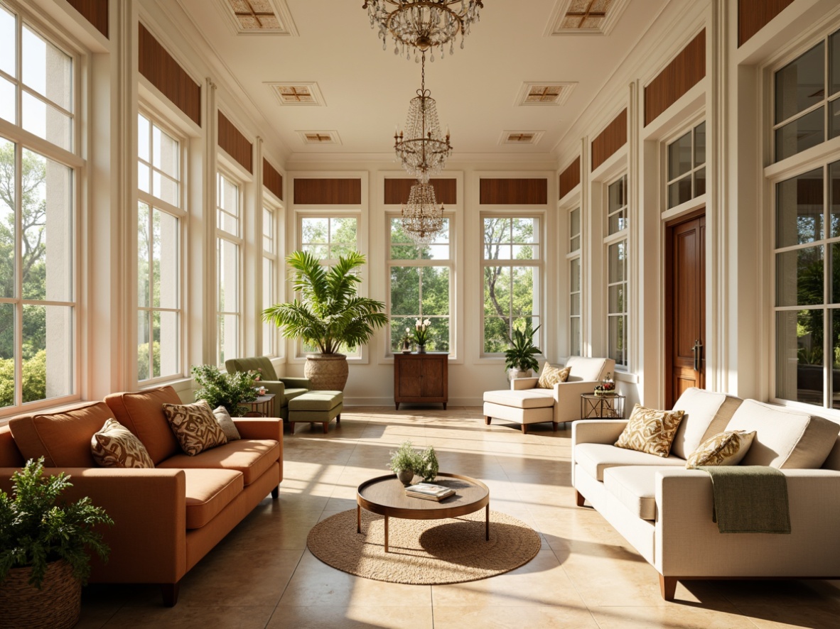 Prompt: Warm sunroom interior, classicism style, soft natural light, creamy white walls, rich wood accents, ornate moldings, elegant furnishings, plush velvet fabrics, subtle golden patterns, calming beige tones, soothing sage greens, earthy terracotta hues, warm beige marble floors, decorative ceiling medallions, refined crystal chandeliers, gentle morning sunlight, shallow depth of field, 1/1 composition, soft focus, realistic textures, ambient occlusion.