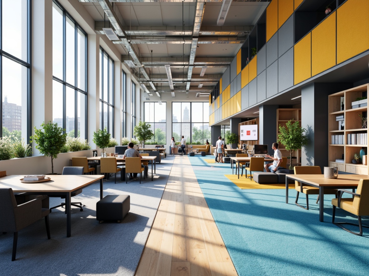 Prompt: Modern office interior, open-plan layout, collaborative workspaces, minimalist desks, ergonomic chairs, acoustic panels, floor-to-ceiling windows, natural light, airy atmosphere, functional storage units, sleek shelving systems, modular furniture, vibrant color accents, subtle textures, 3/4 composition, shallow depth of field, softbox lighting, realistic reflections.