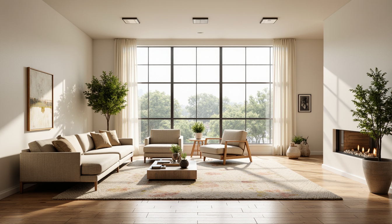 Prompt: Light-filled living room, minimalist decor, pale wood tones, sleek low-profile sofas, tufted cushions, geometric-patterned rugs, industrial-chic coffee tables, Nordic-inspired wooden chairs, subtle metal accents, creamy white walls, floor-to-ceiling windows, abundant natural light, soft warm glow, shallow depth of field, 1/2 composition, realistic textures, ambient occlusion.