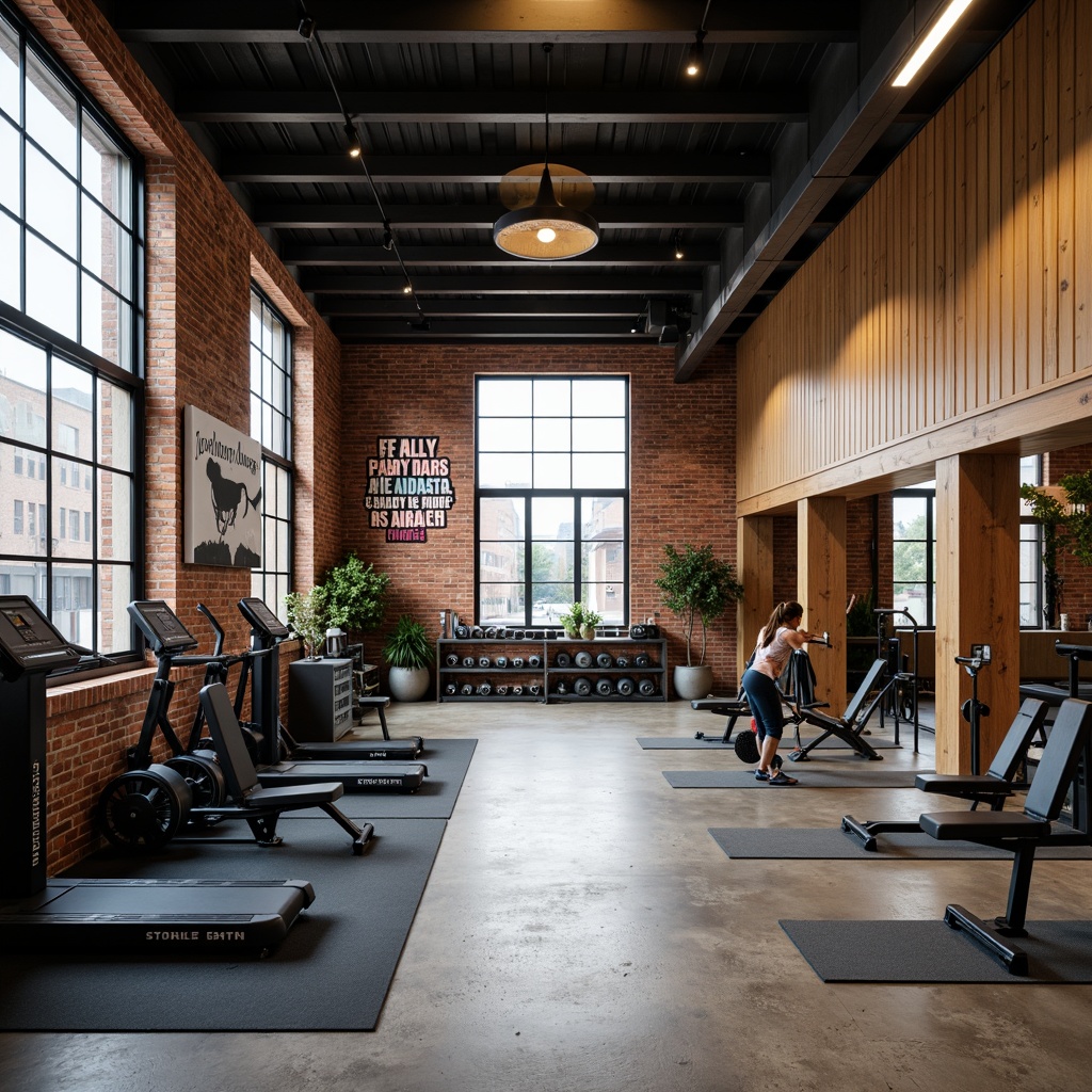 Prompt: Rustic home gym, exposed brick walls, distressed wood accents, matte black metal equipment, motivational quotes, functional training areas, rubber flooring, sound-absorbing panels, natural light, large windows, minimalist decor, industrial-chic style, concrete floors, metallic color scheme, modern fitness machines, free weights, exercise mats, mirrored walls, high ceilings, urban loft atmosphere, soft warm lighting, shallow depth of field, 1/1 composition.