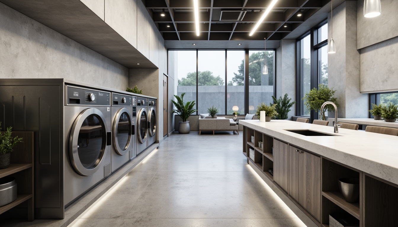 Prompt: Minimalist laundry room, sleek metal appliances, white granite countertops, polished chrome fixtures, LED lighting strips, modern futuristic architecture, angular lines, monochromatic color scheme, industrial chic decor, concrete floors, glass partitions, natural stone walls, ambient occlusion, soft warm lighting, shallow depth of field, 3/4 composition, panoramic view, realistic textures, laundry machines with touch screens, automatic detergent dispensers, energy-efficient systems, smart home integration, futuristic gadgets, subtle sci-fi elements, calm atmosphere, serene ambiance.