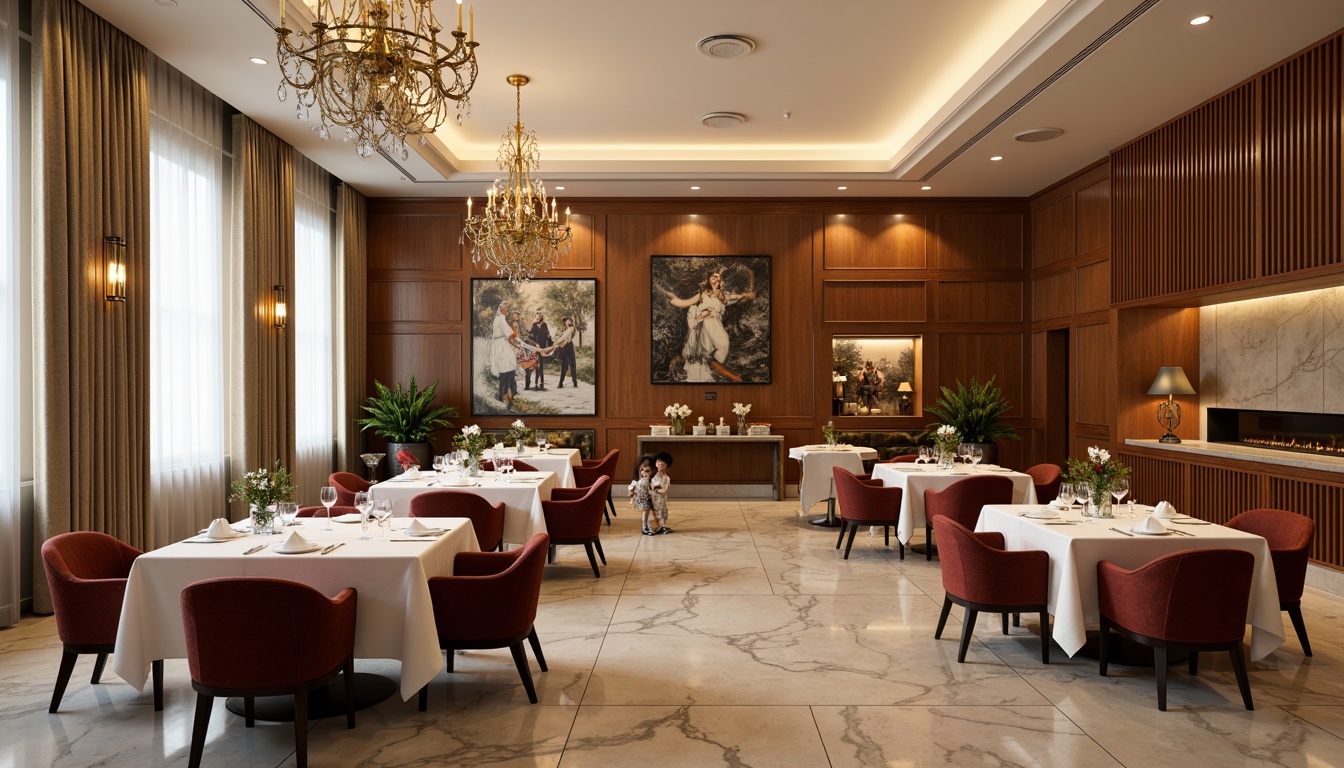 Prompt: Elegant dining room, rich wood tones, polished walnut tables, velvet upholstered chairs, cream-colored walls, soft gold lighting, ornate chandeliers, luxurious marble floors, statement artwork, refined metal accents, sophisticated glassware, crisp white linens, warm beige curtains, natural stone fireplaces, comfortable seating areas, inviting ambiance, 1/1 composition, warm color palette, shallow depth of field, realistic textures.