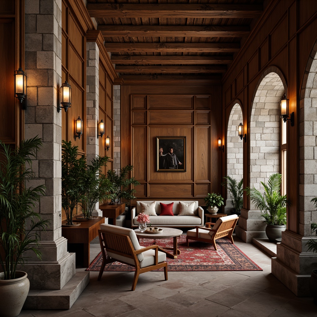 Prompt: Richly textured stone walls, ornate wooden paneling, distressed finishes, rustic brick facades, earthy color palette, warm ambient lighting, cozy nooks, plush furnishings, velvet drapes, intricate moldings, decorative trims, vintage accessories, soft warm glow, shallow depth of field, 1/1 composition, realistic textures, ambient occlusion.