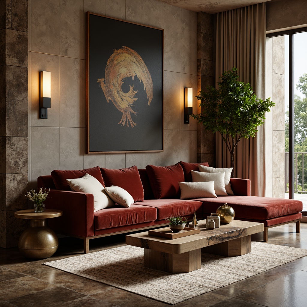 Prompt: Luxurious living room, rich velvet sofas, polished marble floors, rustic wooden accents, metallic coffee tables, soft silk curtains, natural stone walls, warm ambient lighting, 3/4 composition, shallow depth of field, realistic textures, ambient occlusion.