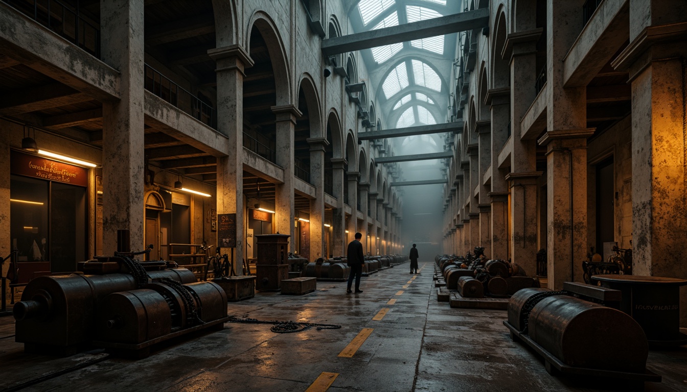 Prompt: Dark mysterious atmosphere, industrial machinery, distressed metal textures, worn stone walls, grandiose cathedral-inspired architecture, pointed arches, ribbed vaults, flying buttresses, intricate stonework, rusty gears, pulleys, chains, old factory elements, abandoned warehouse settings, dimly lit, warm golden lighting, atmospheric fog, cinematic composition, shallow depth of field, high contrast ratio.