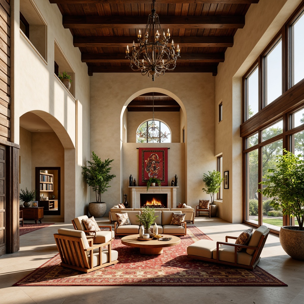 Prompt: Spacious great room, Mediterranean style, high ceilings, large windows, natural light pouring in, warm beige walls, dark wood accents, elegant archways, columns, ornate chandeliers, plush furnishings, vibrant textiles, rich tapestries, open space layout, flowing floor plan, seamless transitions, comfortable seating areas, cozy nooks, decorative fireplaces, lush greenery, potted plants, tranquil ambiance, soft warm lighting, shallow depth of field, 1/1 composition, realistic textures, ambient occlusion.