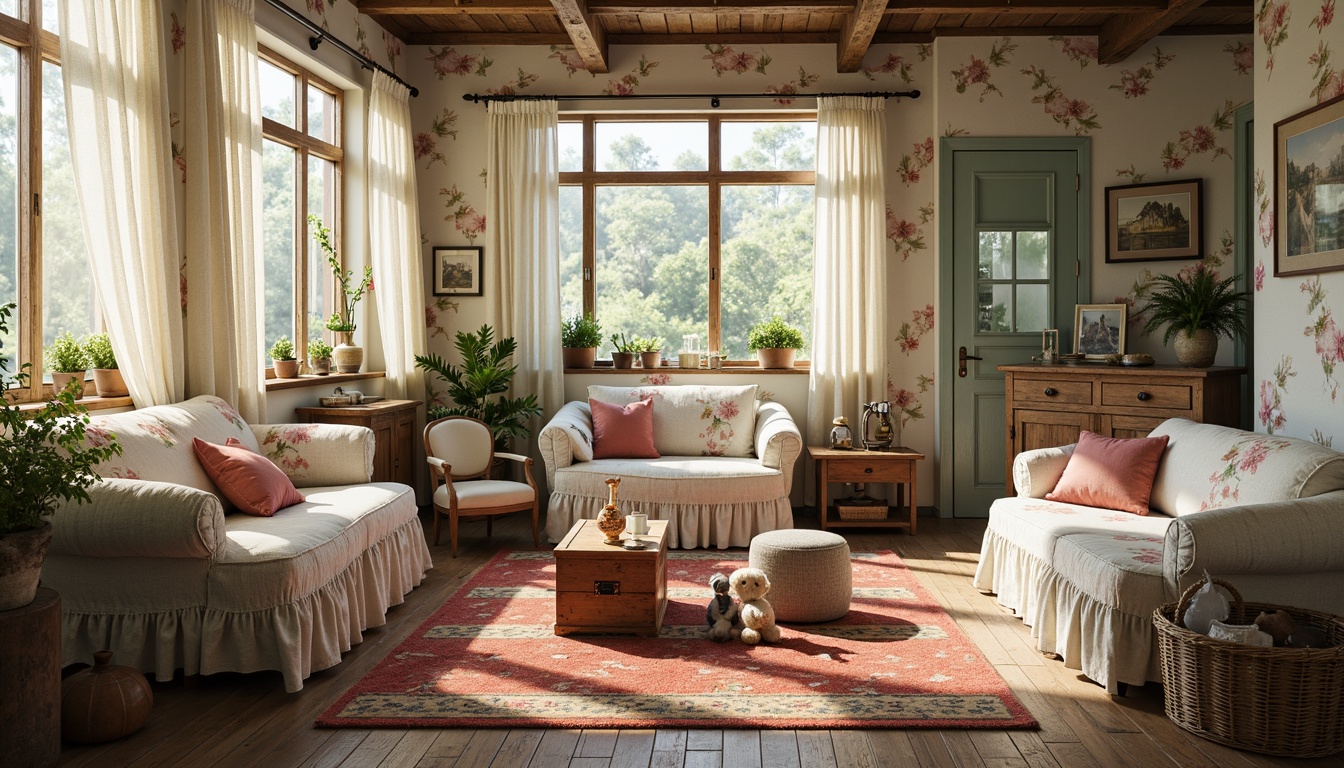 Prompt: Vintage-inspired furniture, distressed finishes, soft pastel hues, lace curtains, floral patterns, ruffled bedding, stuffed animals, antique toys, worn wooden crates, faded velvet pillows, rustic metal lanterns, woven baskets, natural fiber rugs, warm candlelight, shallow depth of field, 1/1 composition, whimsical illustrations, gentle warm lighting.