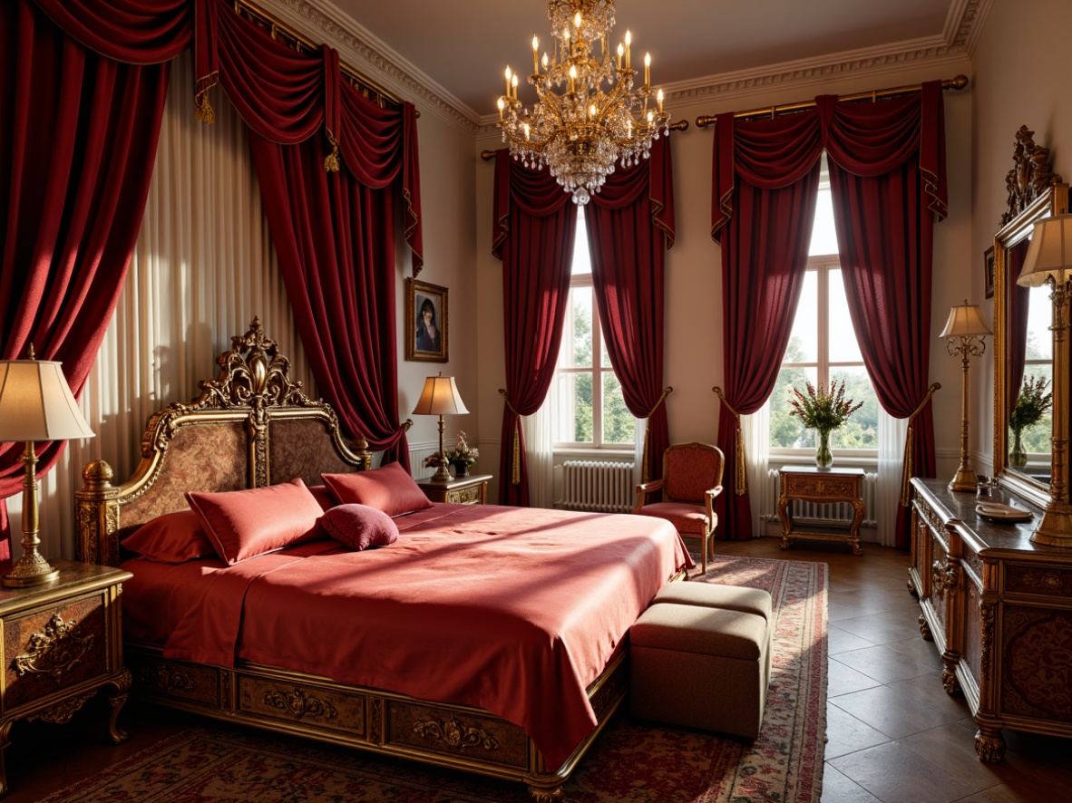 Prompt: Luxurious bedroom, rich velvet drapes, ornate golden frames, crystal chandeliers, intricately carved wooden furniture, plush silk bedding, soft warm lighting, subtle shadows, 3/4 composition, intimate atmosphere, opulent fabrics, lavish textures, bold colors, grandiose mirrors, exquisite marquetry, curved lines, flowing patterns, regal ambiance, morning sunlight, gentle glow.