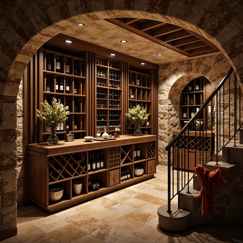 Prompt: Mediterranean wine cellar, rustic stone walls, dark wood accents, warm earthy tones, curved archways, ornate ironwork, ambient dim lighting, rich velvet textiles, elegant wooden crates, glass-enclosed shelves, climate-controlled environments, humidity-regulated storage, innovative shelving systems, diagonal wine bottle displays, circular staircases, ornate metal railings, travertine flooring, soft warm glow, shallow depth of field, 1/1 composition, realistic textures.