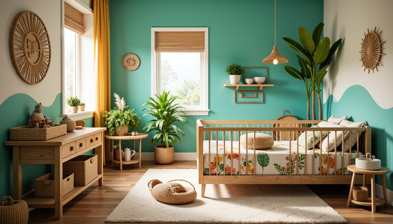 Prompt: Vibrant baby room, tropical island theme, natural wood crib, woven rattan changing table, palm tree-inspired mobile, colorful floral-patterned bedding, soft plush area rug, woven bamboo storage baskets, exotic wooden wall art, bright turquoise accent walls, lush greenery, warm sunny day, shallow depth of field, 1/1 composition, realistic textures, ambient occlusion.