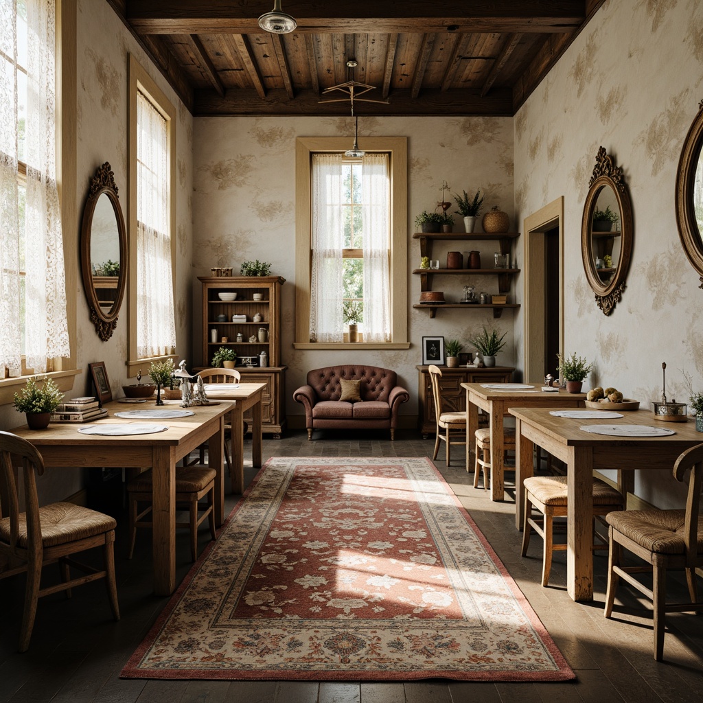 Prompt: Distressed wooden desks, vintage metal chairs, soft pastel hues, lace drapery, floral patterns, rustic wooden shelves, ornate mirrors, distressed leather sofas, woven baskets, natural fiber rugs, warm candlelight, shallow depth of field, 3/4 composition, panoramic view, realistic textures, ambient occlusion.