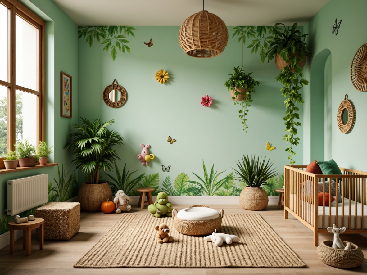 Prompt: Vibrant tropical baby room, pastel green walls, whimsical jungle wallpaper, colorful woven baskets, natural wood furniture, plush toys, leafy plants, rattan cribs, soft warm lighting, shallow depth of field, 3/4 composition, panoramic view, realistic textures, ambient occlusion, exotic flowers, palm fronds, butterfly-inspired decor, hot air balloon-shaped mobiles, delicate vines, woven rattan mirrors, distressed wood frames, tropical fruit-themed art pieces.