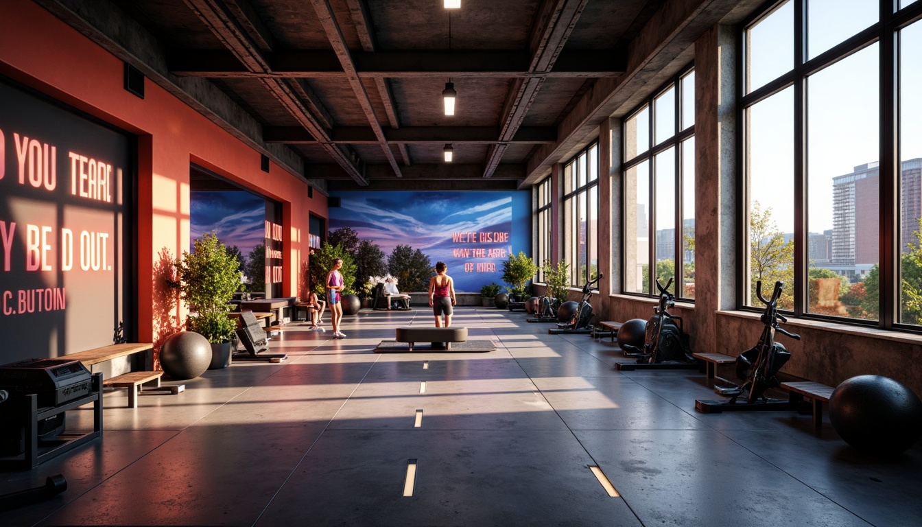 Prompt: Bright home gym, motivational quotes, modern exercise equipment, rubber flooring, mirrored walls, large windows, natural light, soft warm glow, LED strip lights, color-changing ambiance, dynamic shadows, high-contrast lighting, dramatic spotlights, energizing colors, fitness-inspired decor, sleek metal beams, industrial-chic architecture, urban loft atmosphere, morning sunlight, subtle gradient effects, 1/1 composition, realistic textures, ambient occlusion.