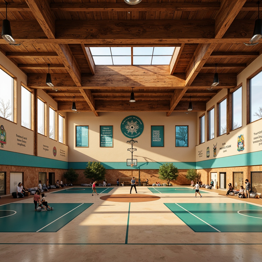 Prompt: Southwestern style gymnasium, high ceilings, wooden beams, rustic metal accents, earthy tones, vibrant turquoise, sandy beige, natural stone walls, large windows, clerestory lighting, soft warm glow, ambient shadows, 3/4 composition, panoramic view, realistic textures, warm color palette, energetic atmosphere, athletic equipment, basketball courts, weightlifting areas, exercise machines, sports flooring, motivational quotes, inspirational murals, southwestern patterns, bold typography.