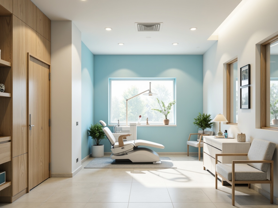 Prompt: Calming dental clinic interior, soothing pastel colors, gentle blue hues, creamy whites, warm beige tones, natural wood accents, soft LED lighting, minimal ornaments, serene atmosphere, modern ergonomic furniture, clean lines, subtle texture variations, shallow depth of field, 1/1 composition, realistic renderings, ambient occlusion.