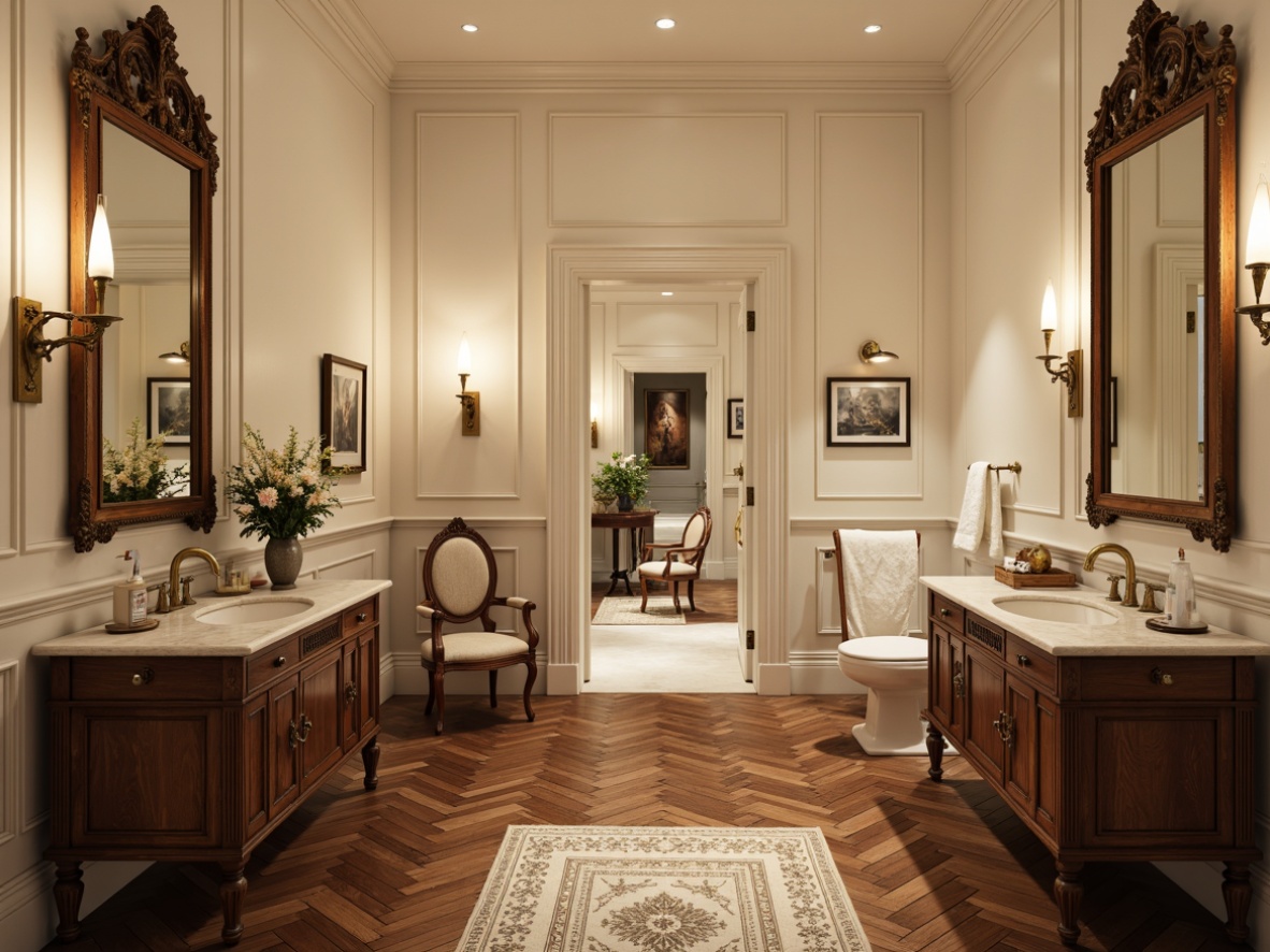 Prompt: Elegant powder room, ornate mirrors, antique furniture, soft warm lighting, marble countertops, classic wall sconces, luxurious textiles, rich wood tones, herringbone parquet flooring, polished chrome fixtures, creamy white walls, subtle patterned rugs, delicate floral arrangements, intimate ambiance, shallow depth of field, 1/1 composition, realistic textures, ambient occlusion.