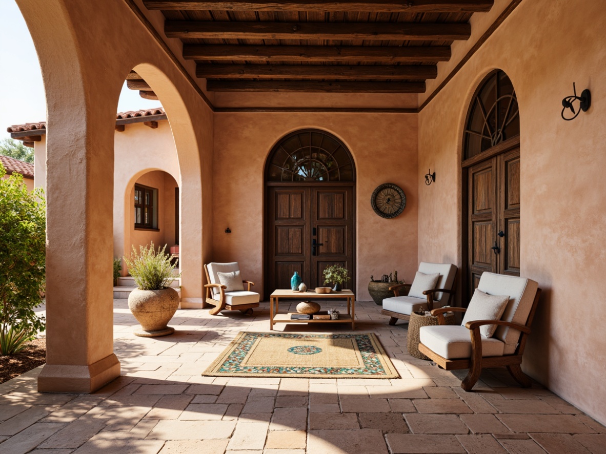 Prompt: Adobe earth tones, stucco walls, wooden accents, curved lines, ornate metalwork, turquoise inlays, vibrant tile patterns, rustic wooden doors, decorative archways, clay roof tiles, natural stone flooring, woven textiles, distressed wood furniture, warm ambient lighting, soft shadows, shallow depth of field, 1/1 composition, realistic textures, ambient occlusion.