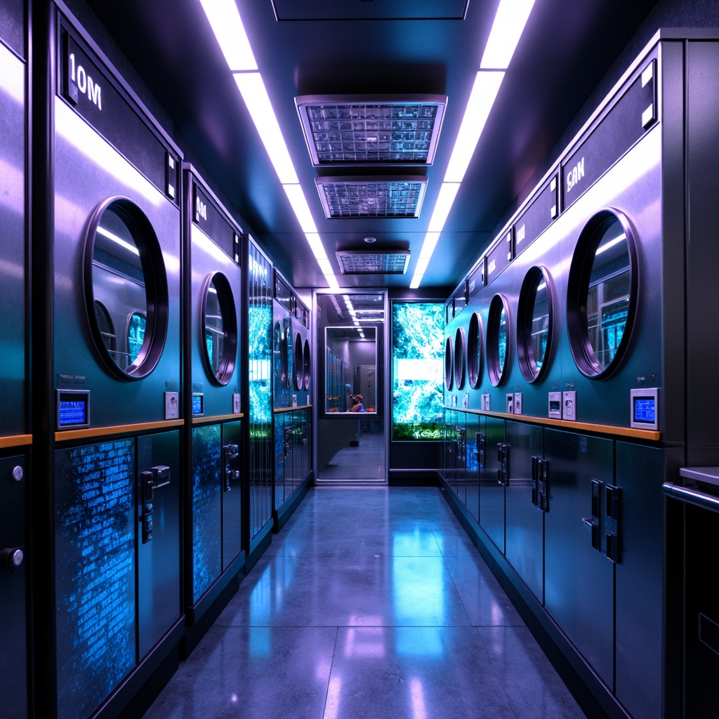 Prompt: Futuristic laundry room, sleek metal appliances, glowing neon lights, iridescent glass surfaces, holographic displays, minimalist design, bold color palette, electric blue accents, radiant white tones, deep purple hues, neon green highlights, metallic silver textures, high-gloss finishes, futuristic typography, retro-futuristic patterns, ambient lighting, shallow depth of field, 1/1 composition, realistic reflections, advanced technologies.