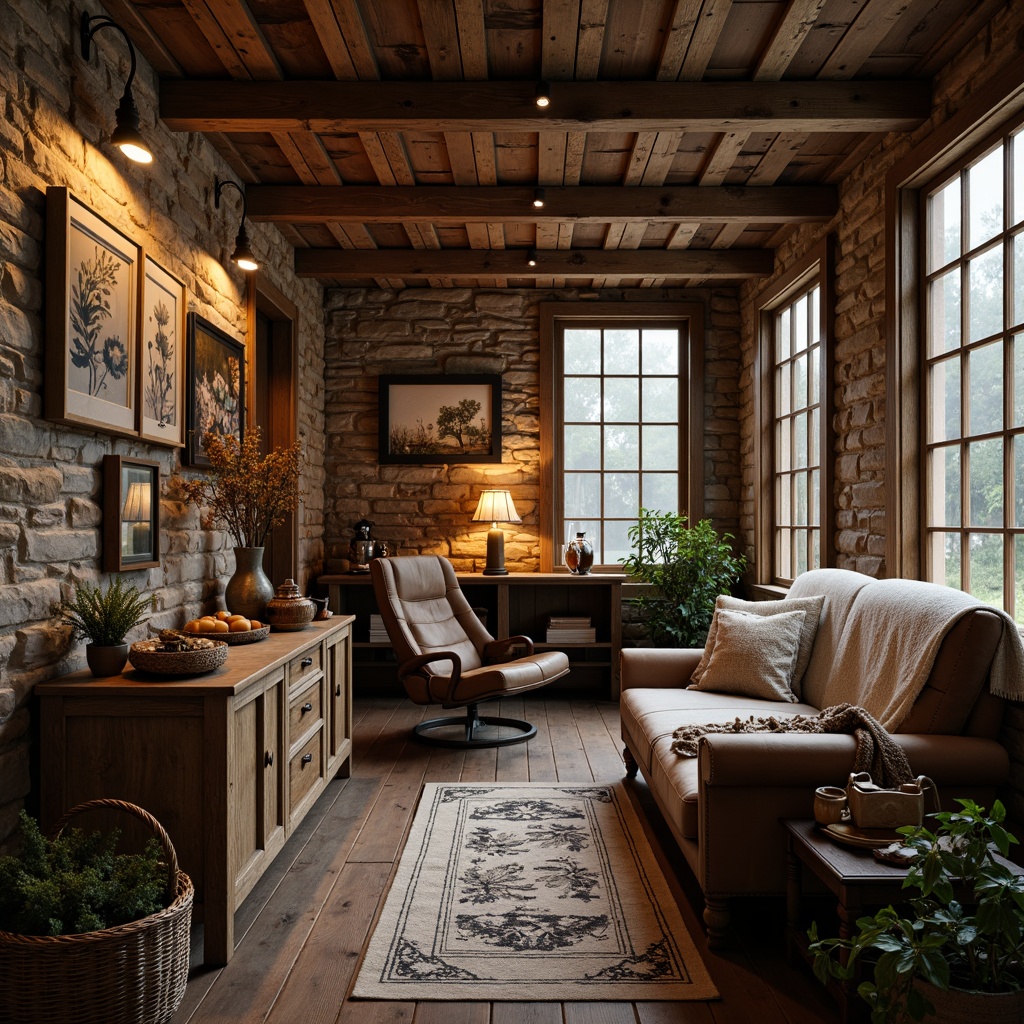 Prompt: Distressed wooden textures, vintage metal accents, earthy color palette, natural stone walls, reclaimed wood floors, exposed beams, cozy cabin atmosphere, warm candlelight, soft blankets, woven baskets, antique furniture pieces, aged leather upholstery, ornate metal fixtures, botanical prints, nature-inspired artwork, organic shapes, whimsical decorative elements, moody lighting, shallow depth of field, 2/3 composition, rustic charm, nostalgic ambiance.