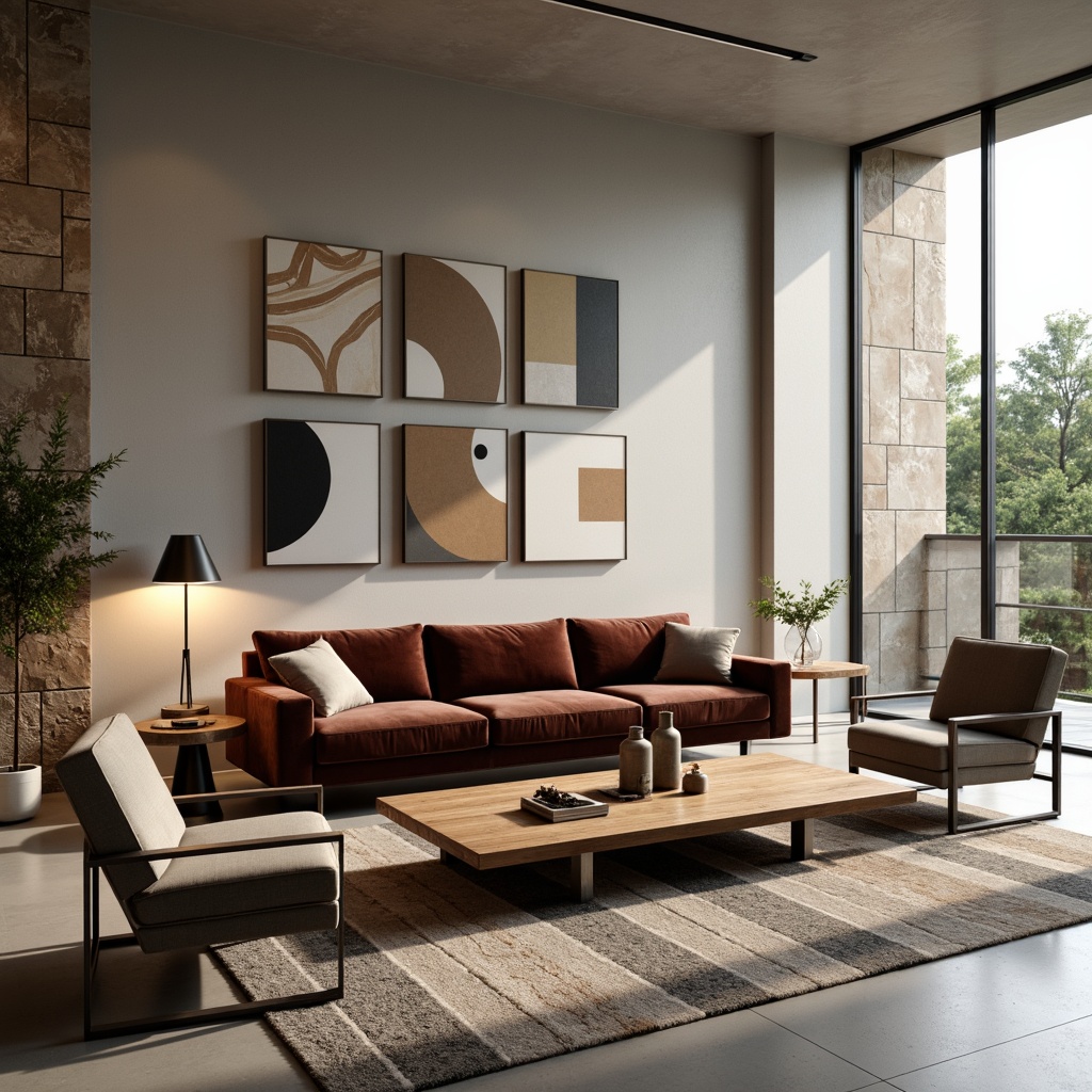 Prompt: Modern living room, sleek wooden coffee table, plush velvet sofa, minimalist armchairs, industrial metal floor lamps, abstract art pieces, geometric patterned rug, neutral color palette, natural stone wall cladding, floor-to-ceiling windows, soft warm lighting, shallow depth of field, 3/4 composition, realistic textures, ambient occlusion.