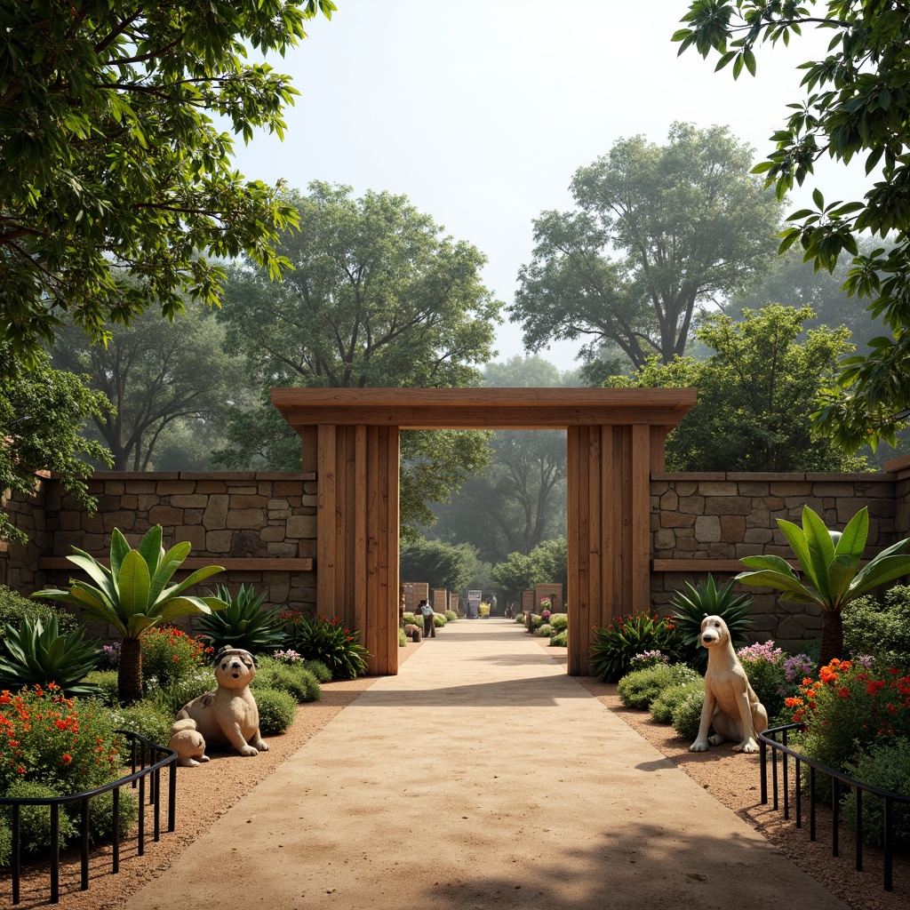 Prompt: Vibrant zoo entrance, rustic wooden gates, natural stone walls, lush green foliage, exotic tropical plants, colorful flower arrangements, playful animal sculptures, wrought iron fences, earthy terrain, sandy pathways, misty atmosphere, soft warm lighting, shallow depth of field, 3/4 composition, panoramic view, realistic textures, ambient occlusion.