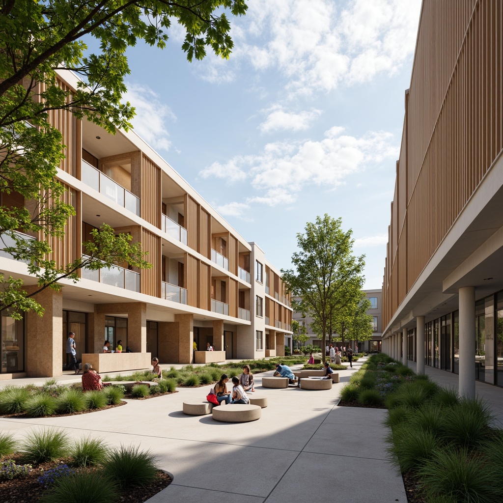 Prompt: Transitional style high school building, large windows, clerestory windows, natural light pouring in, bright interior spaces, warm wood tones, neutral color palette, open floor plans, collaborative learning areas, flexible seating arrangements, modern educational facilities, state-of-the-art technology integration, sustainable design elements, energy-efficient systems, green roofs, outdoor classrooms, lush landscaping, serene courtyard, calm atmosphere, soft diffused lighting, 1/1 composition, shallow depth of field, realistic textures, ambient occlusion.