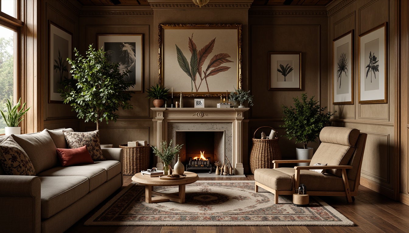 Prompt: Cozy living room, plush velvet sofa, ornate golden frames, vintage decorative accents, soft warm lighting, rich wood tones, luxurious fabrics, subtle patterns, statement walls, eclectic artwork, distressed finishes, natural stone fireplaces, woven baskets, potted plants, aromatic candles, relaxing atmosphere, shallow depth of field, 1/2 composition, warm color palette, realistic textures.