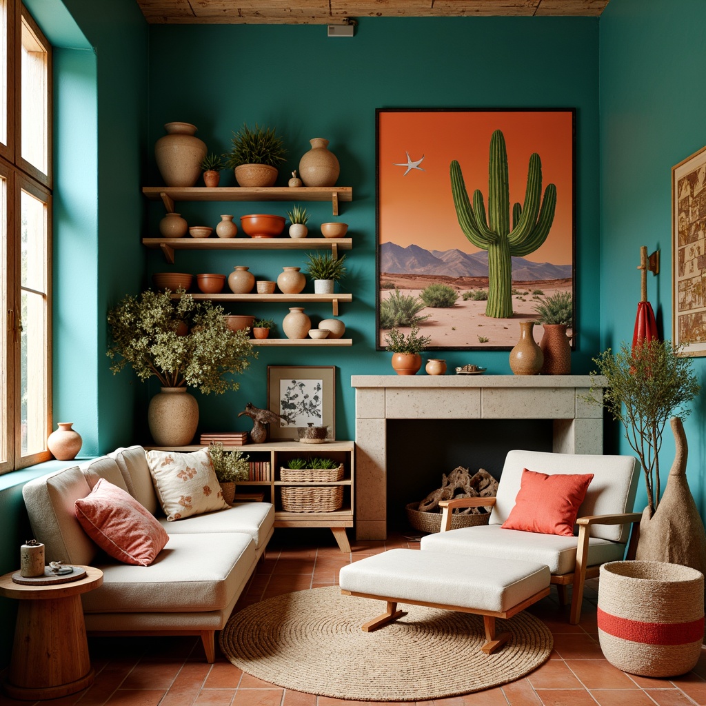 Prompt: Vibrant turquoise walls, earthy terracotta floors, rustic wooden shelves, woven textiles, colorful pottery, desert-inspired artwork, natural light pouring in, warm beige accents, distressed wood furniture, eclectic vintage decor, bold red and orange hues, soft creamy whites, organic shapes, free-spirited composition, playful textures, whimsical patterns.