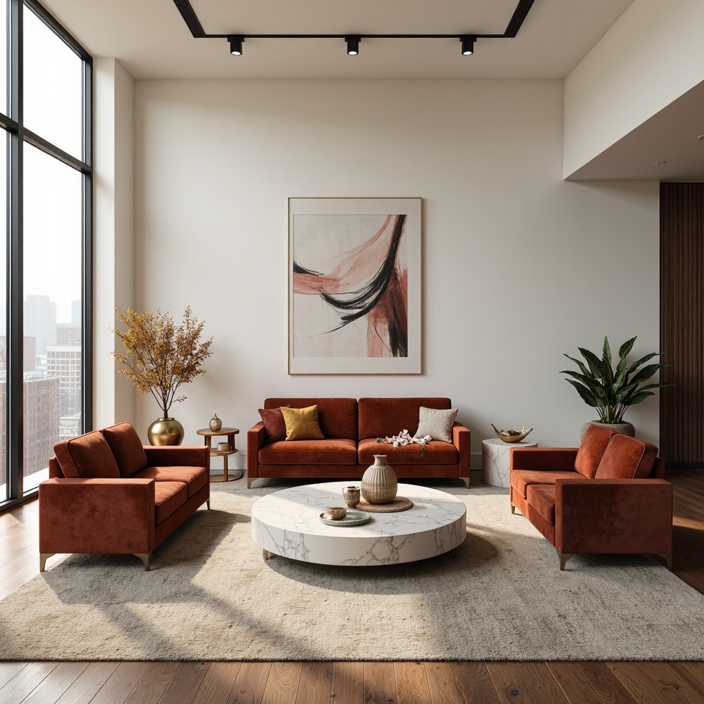 Prompt: Luxurious living room, velvet sofas, marble coffee tables, abstract artwork, metallic accents, polished wooden floors, soft carpeting, natural fiber rugs, minimalist decorative objects, subtle LED lighting, creamy white walls, floor-to-ceiling windows, urban cityscape views, 1/1 composition, shallow depth of field, realistic rendering, ambient occlusion.