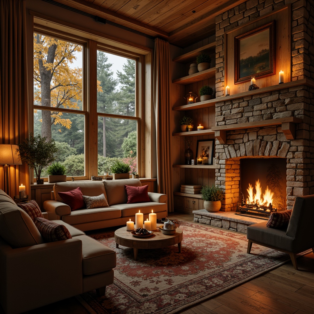 Prompt: Warm candlelight, rich wood tones, soft beige walls, plush velvet fabrics, muted earthy colors, warm golden lighting, inviting cozy atmosphere, comfortable seating areas, rustic wooden furniture, natural stone fireplaces, crackling flames, autumnal leaves, mossy greenery, serene forest surroundings, misty morning fog, softbox lighting, 1/1 composition, realistic textures, ambient occlusion.