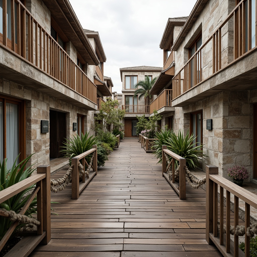 Prompt: Weathered wooden docks, rusty metal railings, driftwood accents, nautical ropes, worn stone walls, sea-salt sprayed windows, ocean-breeze swept balconies, distressed finishes, rough-hewn timbers, coral-inspired patterns, sandy-beige color palette, soft warm lighting, shallow depth of field, 1/2 composition, natural textures, ambient occlusion.