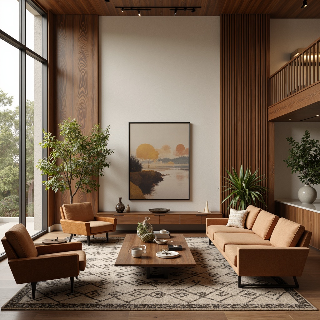 Prompt: Elegant living room, mid-century modern furniture, walnut wood tones, sleek low-profile sofas, geometric patterned rugs, minimalist coffee tables, ornate metal legs, plush velvet armchairs, floor-to-ceiling windows, natural light, soft warm glow, 1/1 composition, realistic textures, ambient occlusion, subtle shadows, warm beige walls, retro-inspired decor, vintage accessories, decorative vases, artistic sculptures, lush greenery, potted plants.