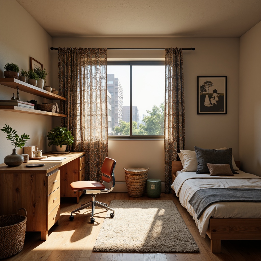 Prompt: Cozy dorm room, mid-century modern furniture, wooden desk, ergonomic chair, minimalist bedframe, plush area rug, geometric patterned curtains, natural wood accents, earthy color palette, abundant natural light, soft warm lighting, shallow depth of field, 3/4 composition, panoramic view, realistic textures, ambient occlusion, vintage decorative accessories, retro-inspired lamps, woven baskets, potted greenery, calming atmosphere.