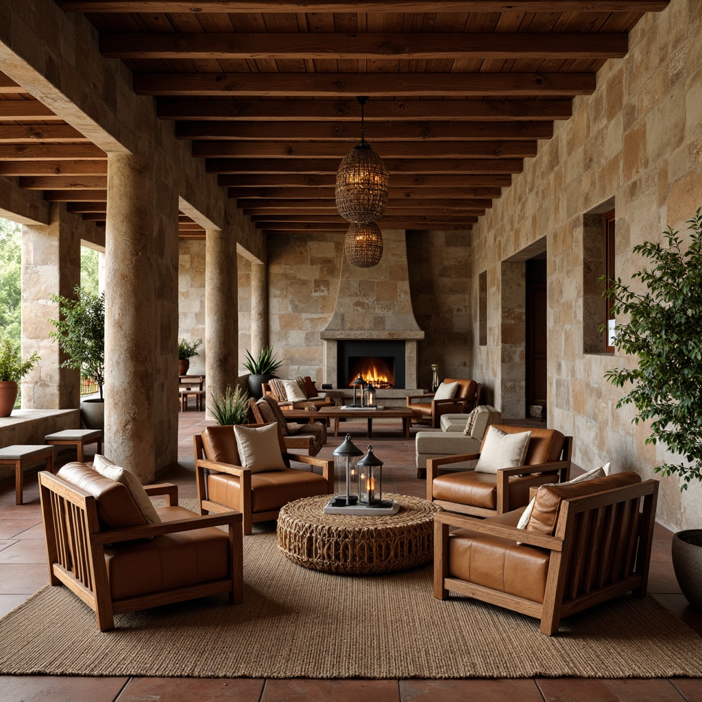 Prompt: Rustic hotel lobby, wooden accents, natural stone walls, earthy color palette, distressed wood furniture, plush leather armchairs, woven wicker coffee tables, vintage metal lanterns, cozy fireplaces, wooden beam ceilings, natural fiber rugs, warm ambient lighting, 1/1 composition, shallow depth of field, realistic textures.