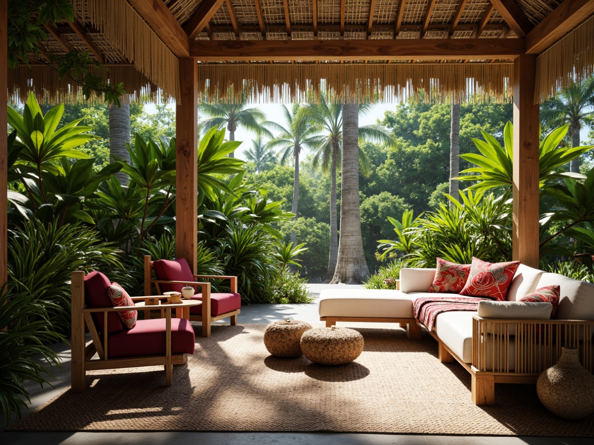 Prompt: Lush tropical foliage, exotic flowers, natural woven fibers, wooden accents, rattan furniture, vibrant colorful textiles, intricate tribal patterns, palm tree trunks, sandy beach surfaces, weathered driftwood, ocean-inspired color palette, soft warm lighting, shallow depth of field, 3/4 composition, panoramic view, realistic textures, ambient occlusion.