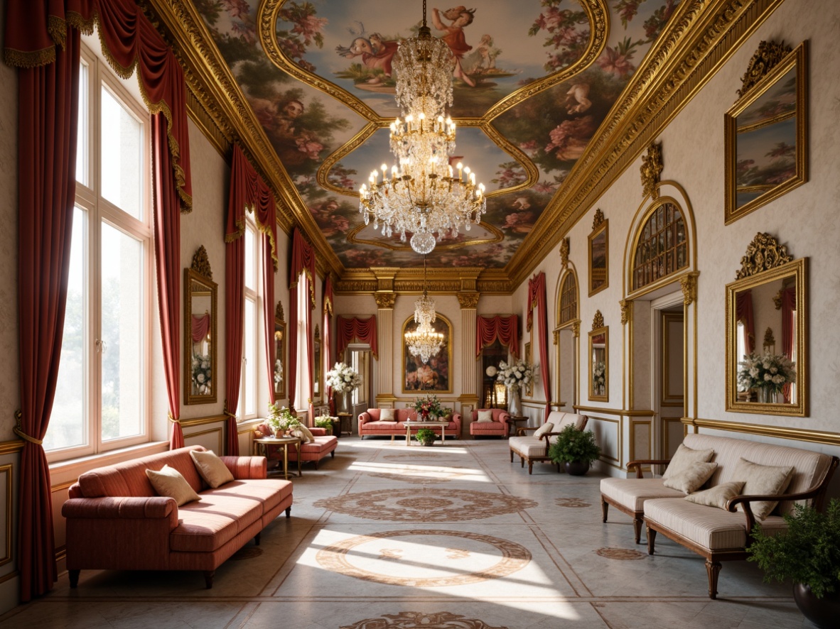 Prompt: Luxurious palace interior, opulent furnishings, intricate carvings, gilded ornaments, delicate frescoes, crystal chandeliers, lavish textiles, velvet drapes, ornate mirrors, curved lines, whimsical patterns, pastel color palette, soft golden lighting, warm atmosphere, intimate seating areas, richly upholstered furniture, carved wooden paneling, marble floors, elegant decorative accents, refined accessories, subtle sheen, detailed moldings, 1/1 composition, shallow depth of field.