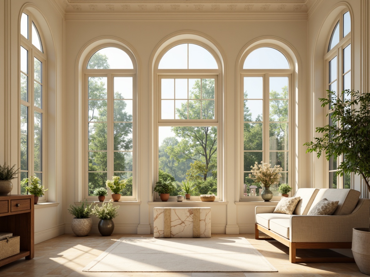 Prompt: Sun-kissed sunroom, classic ornate trims, creamy white walls, warm beige floors, elegant arched windows, slender columns, refined moldings, soft diffused light, morning sunlight, subtle shadows, 1/1 composition, shallow depth of field, realistic wood textures, ambient occlusion, lush greenery views, delicate flower arrangements, natural stone accents, comfortable plush furnishings.