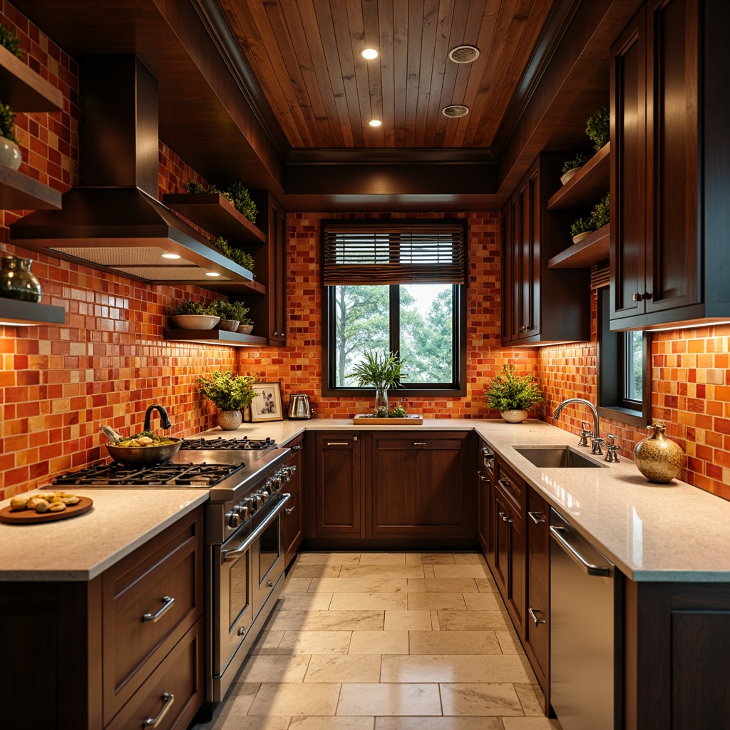 Prompt: Vibrant Asian-inspired kitchen, bold backsplash design, ceramic tiles, stainless steel appliances, dark wood cabinetry, granite countertops, natural stone flooring, warm ambient lighting, shallow depth of field, 1/2 composition, realistic textures, subtle reflections.