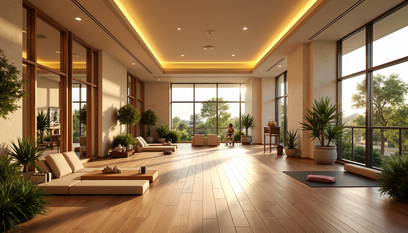 Prompt: Vibrant Mediterranean fitness space, warm beige walls, polished wooden floors, large windows, soft natural light, warm golden lighting, LED strip lights, floor-to-ceiling mirrors, state-of-the-art exercise equipment, free weights, yoga mats, modern minimalist decor, plush greenery, tropical plants, calming water features, soothing color palette, high ceilings, spacious open areas, 1/1 composition, soft focus, realistic textures.