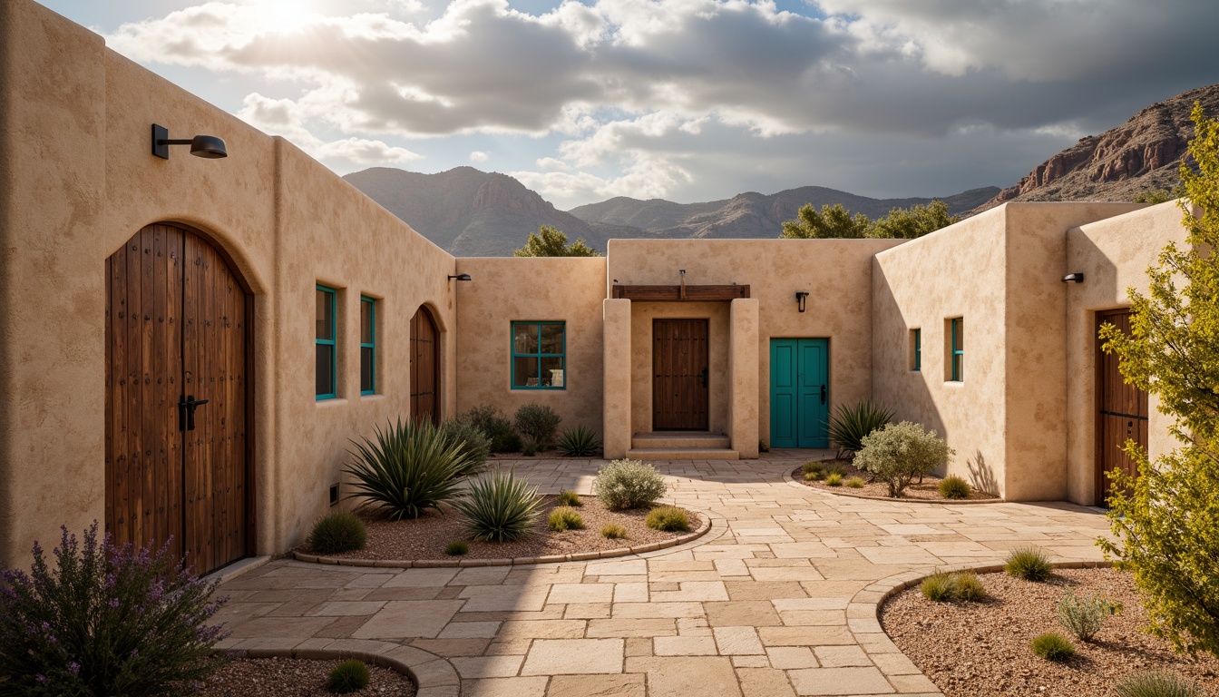 Prompt: Earthy southwestern adobe architecture, rustic textured stucco walls, distressed wooden doors, ornate metal accents, vibrant turquoise accents, desert flora patterns, sandy beige hues, rugged stone pathways, arid landscape views, dramatic cloudy skies, warm golden lighting, high-contrast shadows, 1/1 composition, detailed textures, ambient occlusion.