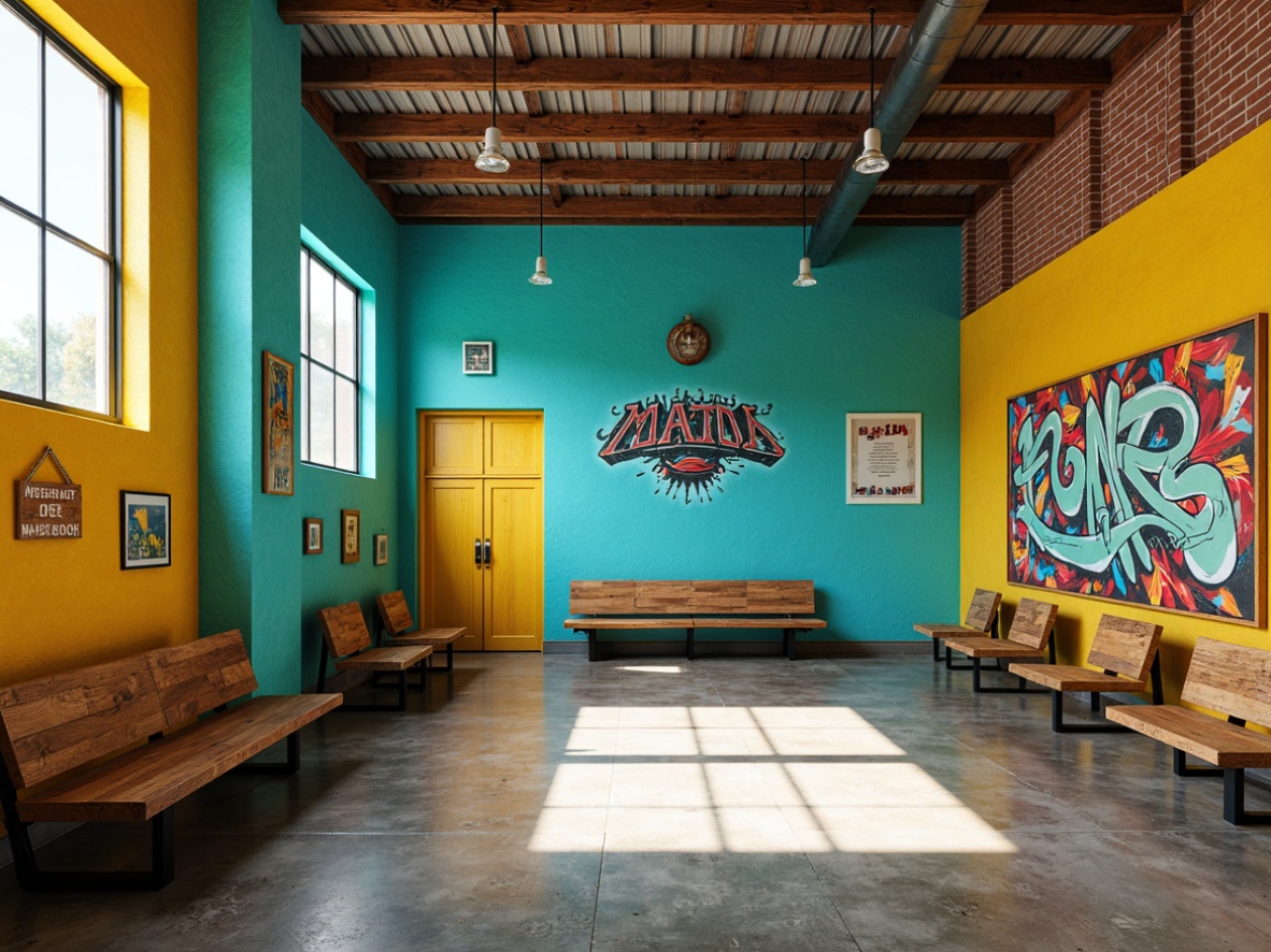 Prompt: Vibrant school interior, eclectic style, bold color scheme, bright turquoise walls, warm yellow accents, rich wood tones, distressed metal textures, industrial chic lighting fixtures, reclaimed wooden benches, modern graffiti murals, dynamic geometric patterns, abstract artwork, playful typography, exposed brick walls, polished concrete floors, natural light pouring in, shallow depth of field, 1/1 composition, realistic textures, ambient occlusion.