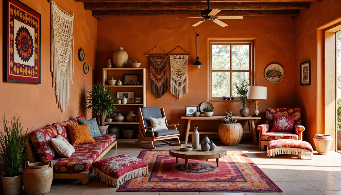 Prompt: Vibrant southwestern craft room, earthy terracotta walls, woven Native American-inspired textiles, colorful Navajo patterned rugs, plush pillows with geometric motifs, macrame wall hangings, natural wood furniture, handmade pottery displays, eclectic art pieces, warm golden lighting, soft focus, shallow depth of field, 1/2 composition, rustic wooden shelves, woven baskets, fringe details, organic materials.