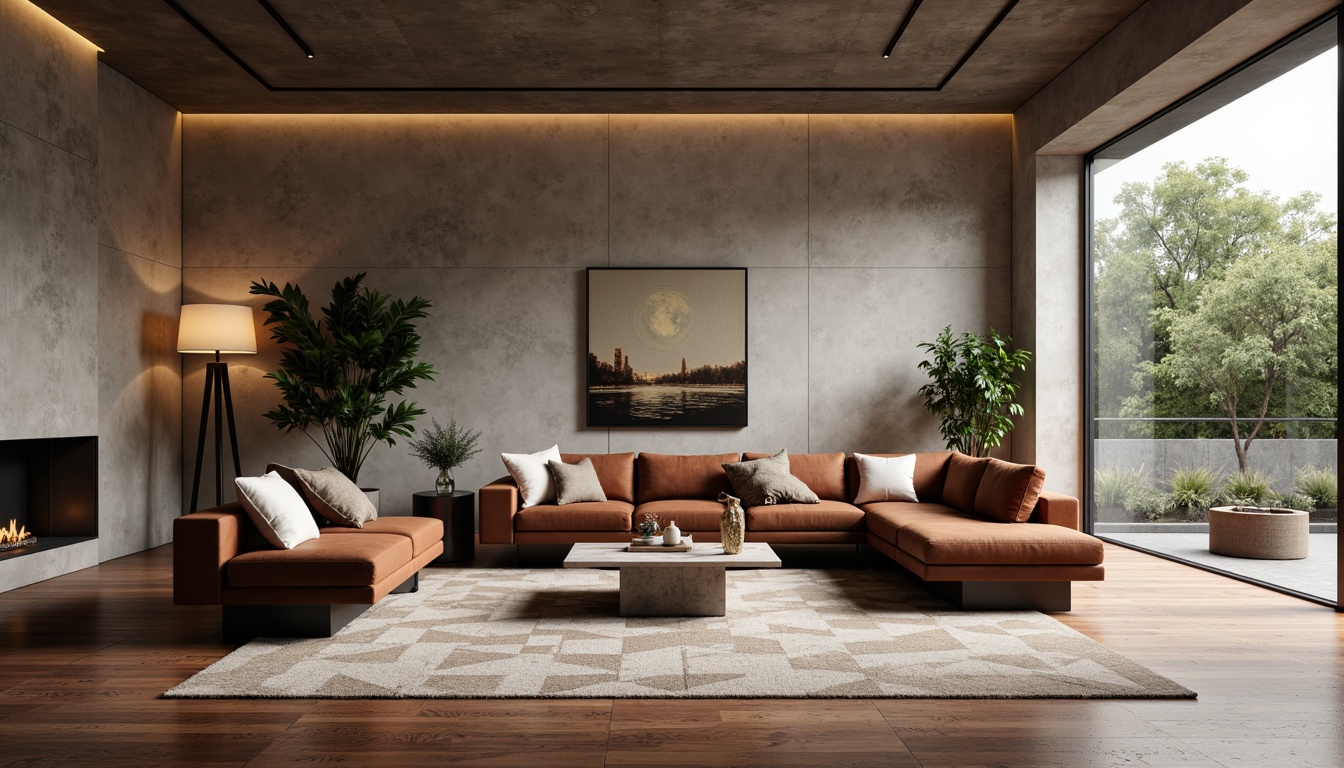 Prompt: Minimalist living room, sleek wooden floors, soft plush carpeting, natural stone walls, concrete ceilings, industrial metal beams, warm LED lighting, modern abstract artwork, geometric patterned rugs, luxurious velvet sofas, marble coffee tables, metallic accents, ambient shadows, 1/2 composition, low-angle shot, realistic reflections, subtle depth of field.