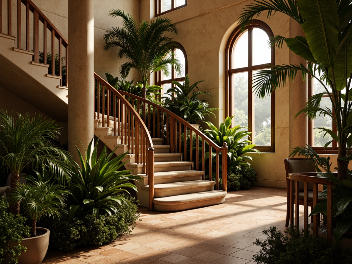 Prompt: Rich tropical foliage, exotic hardwood handrails, polished bronze fittings, ornate metalwork, curved staircases, grand entranceways, luxurious mansions, warm beige stone walls, intricate tile patterns, natural fiber carpets, plush velvet upholstery, ambient soft lighting, shallow depth of field, 1/1 composition, realistic wood textures, subtle ambient occlusion.