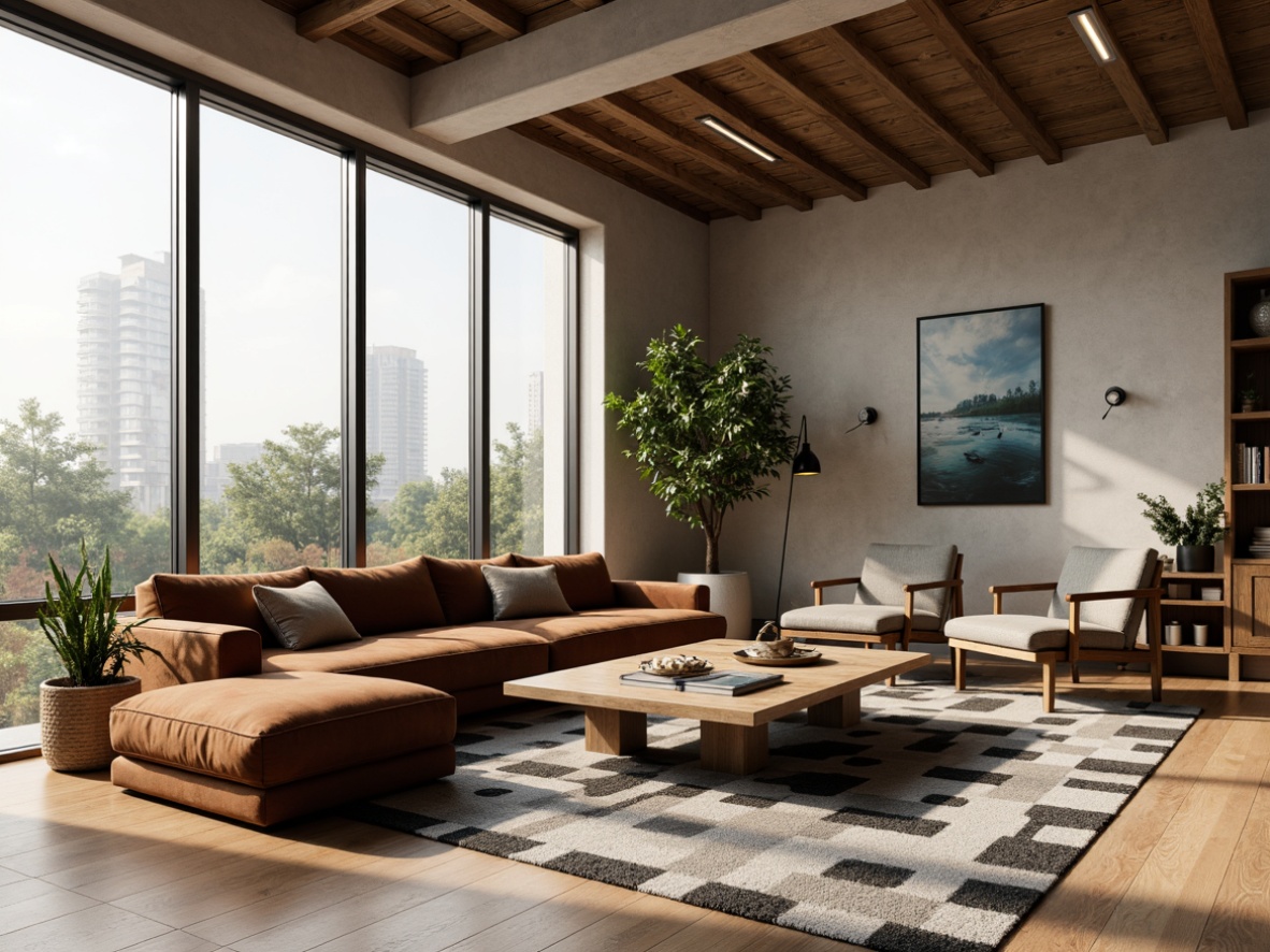 Prompt: Mid-century modern living room, sleek wooden coffee table, low-profile sofa, velvet upholstery, geometric patterned rug, minimalist armchairs, floor-to-ceiling windows, natural oak wood flooring, industrial metal lighting fixtures, abstract artwork, greenery plants, soft warm lighting, shallow depth of field, 3/4 composition, realistic textures, ambient occlusion.