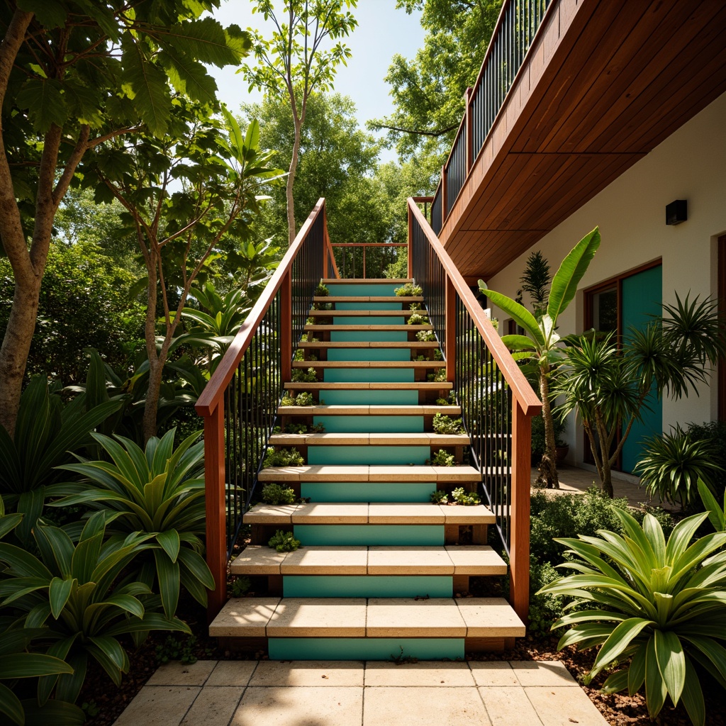 Prompt: Vibrant tropical staircase, exotic wood tones, rich mahogany handrails, bright turquoise accents, warm beige risers, lush greenery surroundings, natural stone flooring, intricate metalwork details, soft golden lighting, shallow depth of field, 1/1 composition, realistic textures, ambient occlusion.