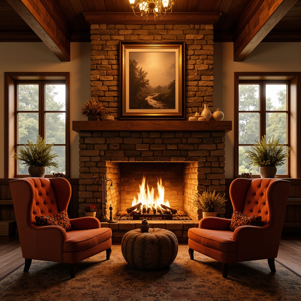 Prompt: Cozy traditional villa interior, rustic stone fireplace, warm golden lighting, ornate wooden mantel, classic brick surround, plush velvet armchairs, rich wood paneling, soft cream-colored walls, elegant chandelier, vintage decorative accessories, inviting seating area, crackling fire sounds, autumn evening ambiance, shallow depth of field, 1/1 composition, realistic textures, warm color palette.