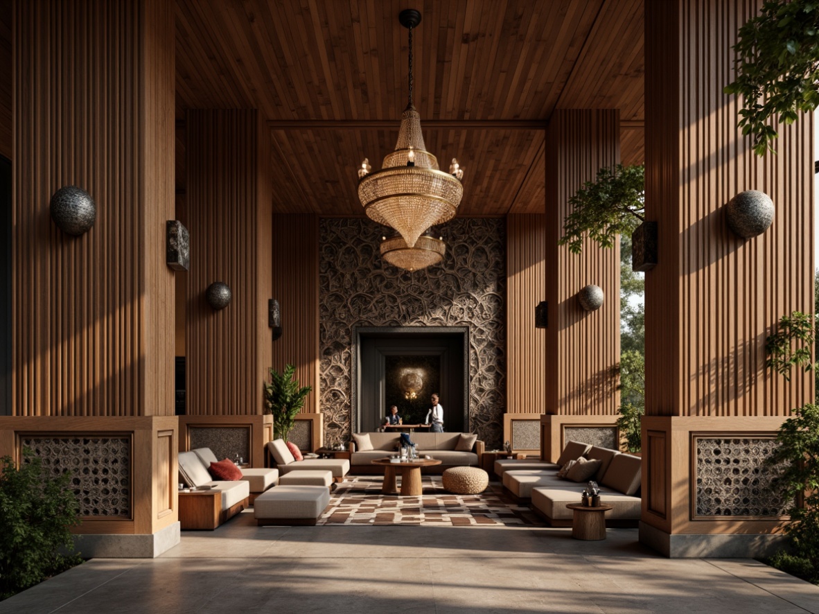 Prompt: Luxurious interior space, rich wood paneling, embossed metal accents, tactile stone walls, matte concrete floors, soft velvet upholstery, intricate woven textiles, 3D geometric patterns, ambient warm lighting, shallow depth of field, 1/1 composition, realistic renderings, subtle normal maps.