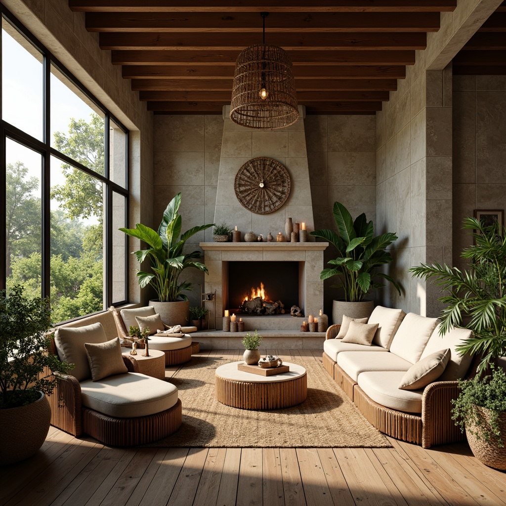 Prompt: Earth-toned interior, natural stone walls, reclaimed wood flooring, woven bamboo furniture, rattan accents, living green walls, lush potted plants, warm candlelight, soft beige textiles, organic shapes, minimalist decor, earthy color palette, wooden beams, exposed brick, cozy reading nook, large windows, abundant natural light, shallow depth of field, 1/1 composition, realistic textures, ambient occlusion.